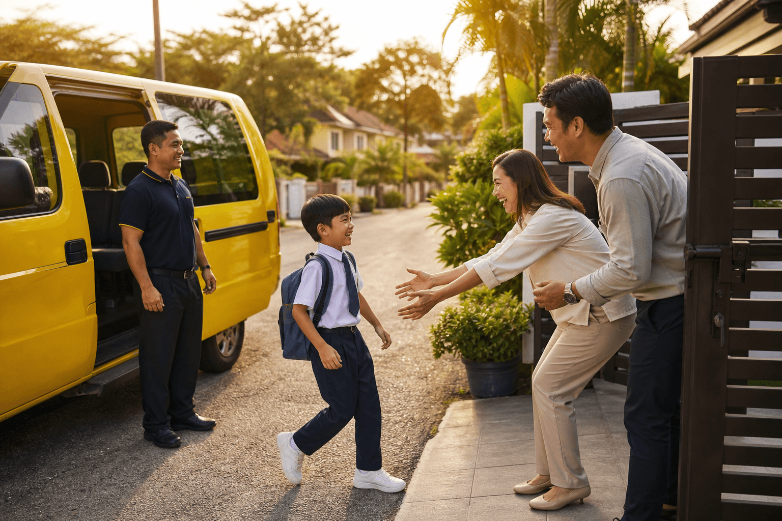 Anak pulang dari sekolah dengan selamat dan disambut gembira oleh ibu bapanya