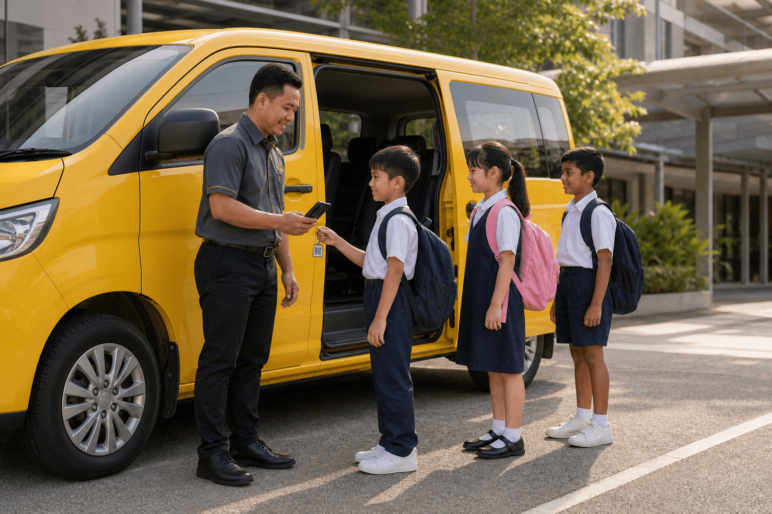 Pemandu mengimbas kod QR tiga orang murid sebelum mereka menaiki van sekolah yang berhenti